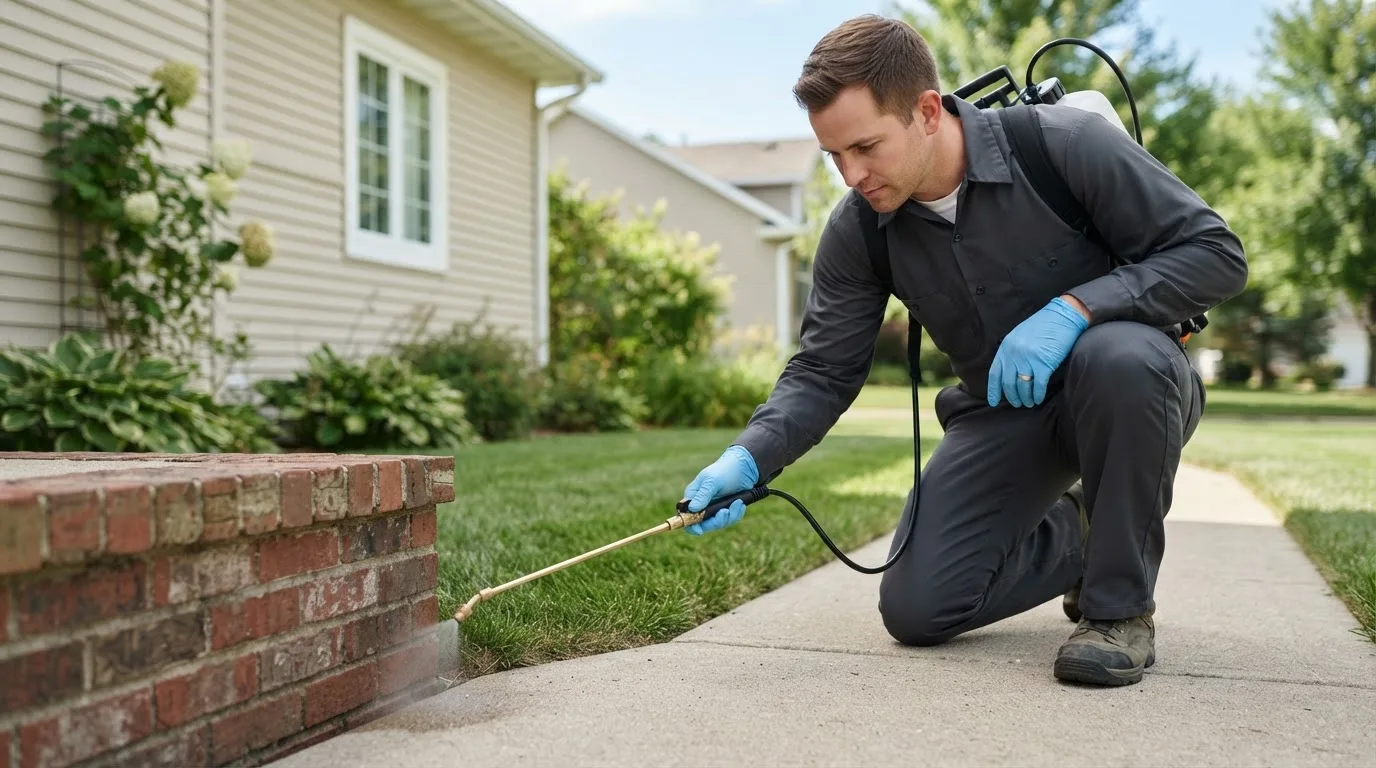 Pest control technician treating a home near Elliott, IL