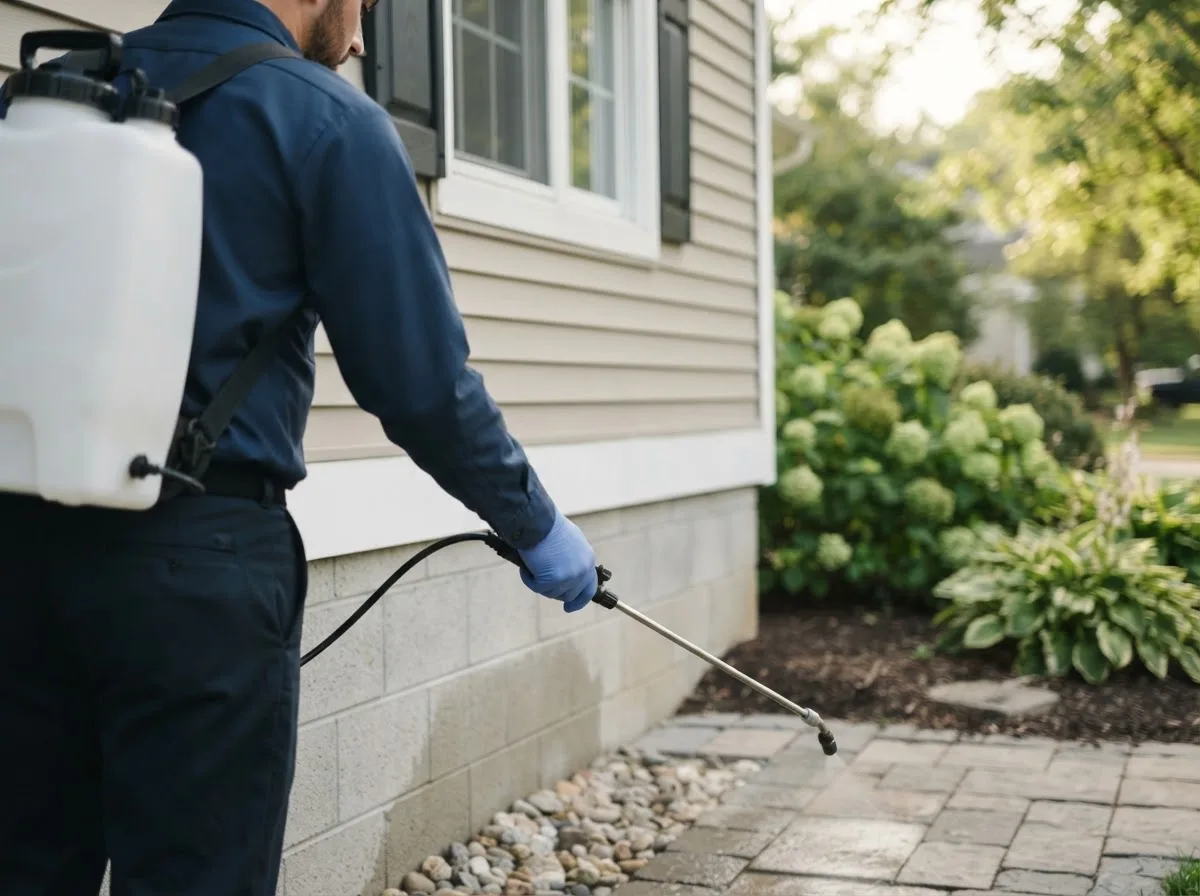 Pest control technician inspecting a home in Elliott, IL